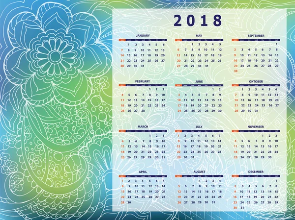 Синьо-зелений дзен візерунок календар року 2018 — стоковий вектор
