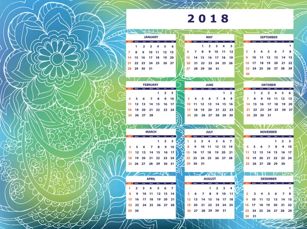 Blauw-groene wirwar zen patroon kalenderjaar 2018 — Stockvector