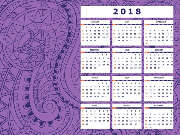 Violet foncé enchevêtrement zen motif année civile 2018 — Image vectorielle