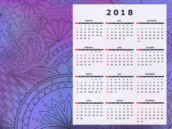 Blue-violet tangle zen pattern calendar year 2018 — Stock Vector