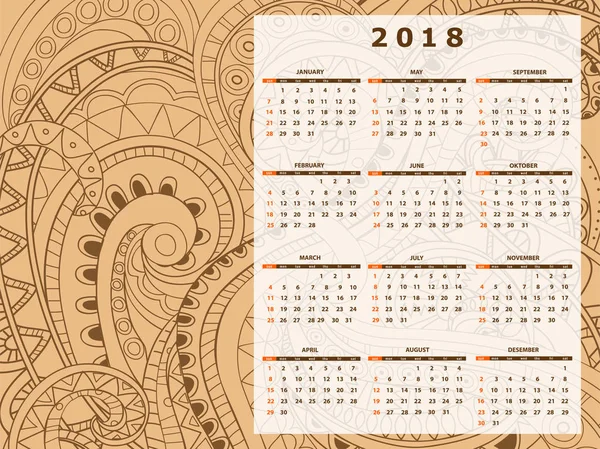 Enredo beige patrón zen año calendario 2018 — Vector de stock