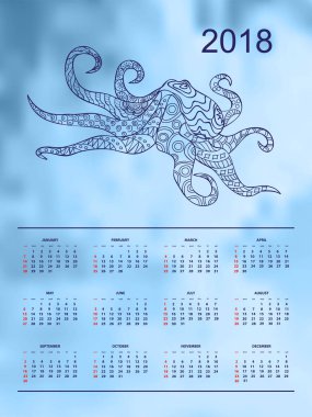 Hafif mavi takvim yılı 2018 desenli ahtapot
