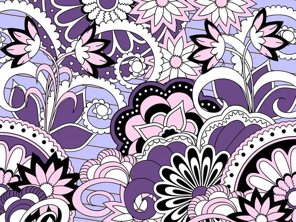 Patrón zen violeta con flores y mandalas — Vector de stock