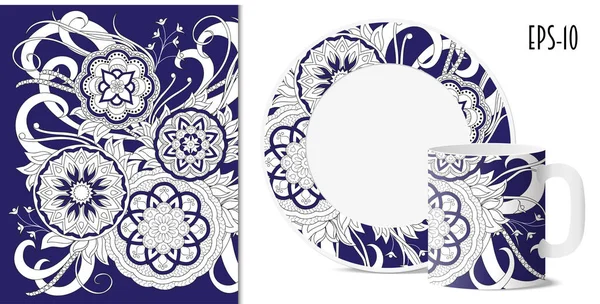 Dacku modrá zen květinový vzor s mandaly pro nádobí — Stockový vektor