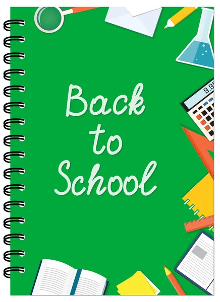 Cuaderno escolar de diseño de cubierta verde A5 con texto y papelería — Archivo Imágenes Vectoriales