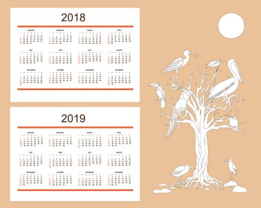 Duvar yıl 2018 için çizilmiş tropikal kuşlar ile yaratıcı takvim, 