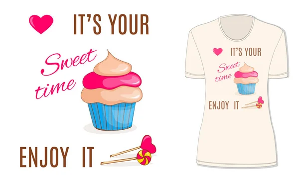 Temps doux avec cupcake, bonbons et coeur, mocup — Image vectorielle