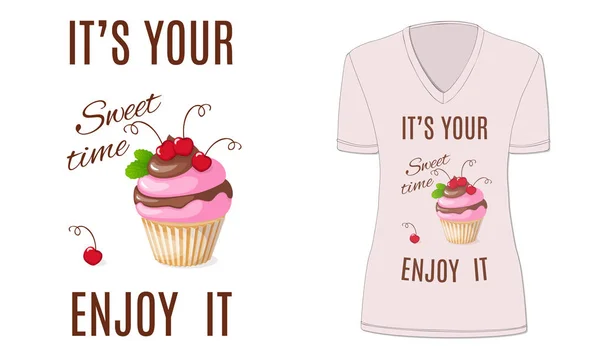 Temps doux avec cupcake et cerise, maquette — Image vectorielle