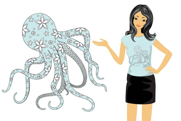 Floral octopus en meisje — Stockvector