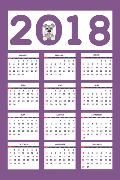 Calendario creativo con cane giocattolo disegnato per l'anno della parete 2018 — Vettoriale Stock