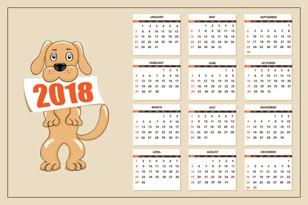 Creative calendar with drawn toy dog for wall year 2018 — Stock Vector