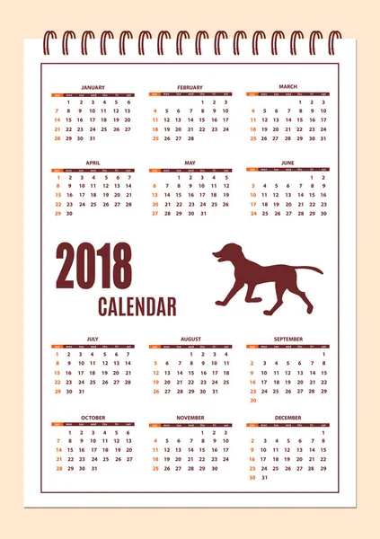Calendario creativo con silueta de perro dibujado para año de pared 2018 — Vector de stock