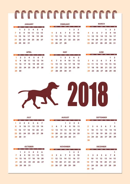 Çizilmiş köpek siluet yaratıcı takvimle duvar yıl 2018 — Stok Vektör