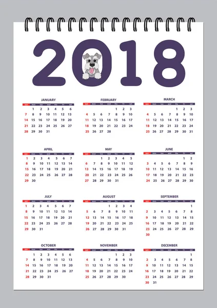 Kreativa kalender med dragna leksak hund för vägg år 2018 — Stock vektor