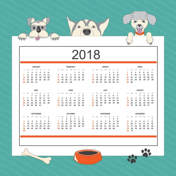 Calendario per bambini con divertenti cani dei cartoni animati per l'anno 2018 — Vettoriale Stock
