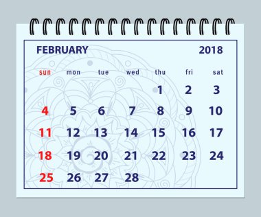 Mavi sayfa mandala arka plan üzerinde Şubat 2018