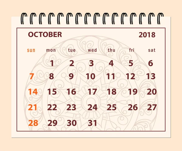 Roze pagina oktober 2018 op mandala achtergrond — Stockvector