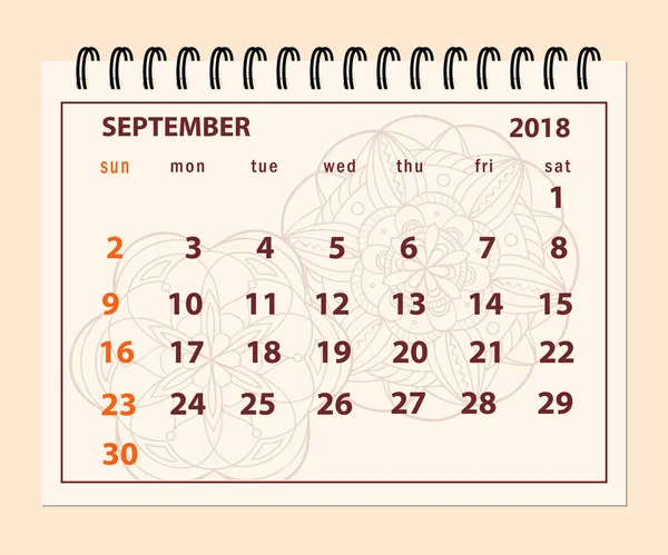 Rosa sidan September 2018 på mandala bakgrund — Stock vektor