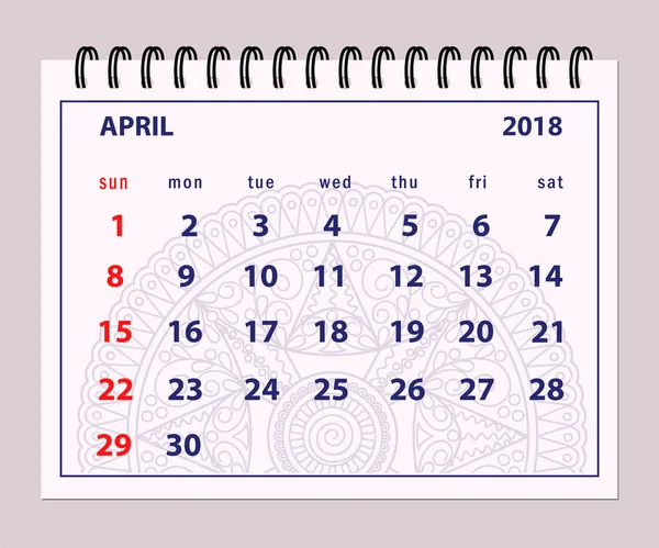 Pagina grigia aprile 2018 su sfondo mandala — Vettoriale Stock