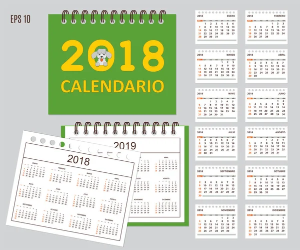 Spanish Kids calendar for wall or desk year 2018, 2019 — Stock Vector