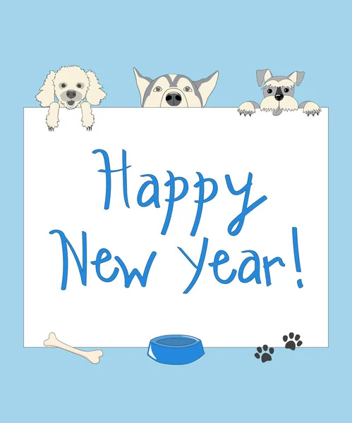 Divertido año nuevo tarjeta azul con los perros de dibujos animados — Vector de stock