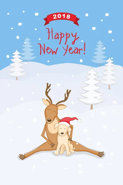 Nuovo anno 2018 carta con cane e renne — Vettoriale Stock