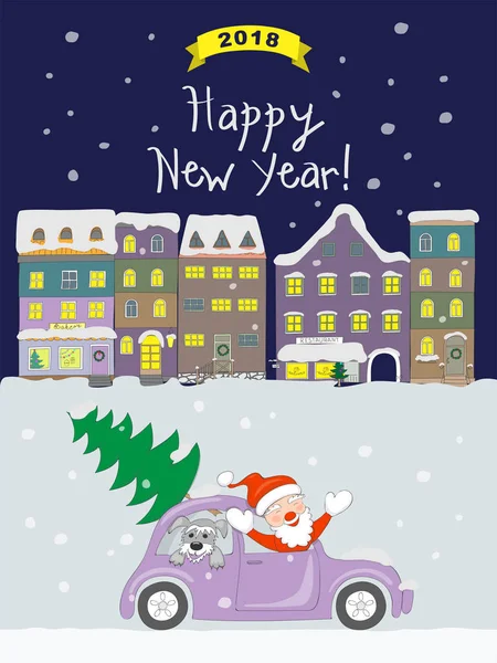 Nouvelle année 2018 carte avec venir Père Noël à la vieille ville de nuit — Image vectorielle