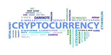Criptocurrency, beyaz arka plan üzerinde kelime bulutu kavramı