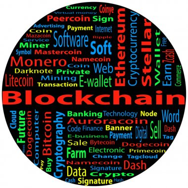 Blockchain, kelime bulutu kavramı siyah arka plan üzerine.