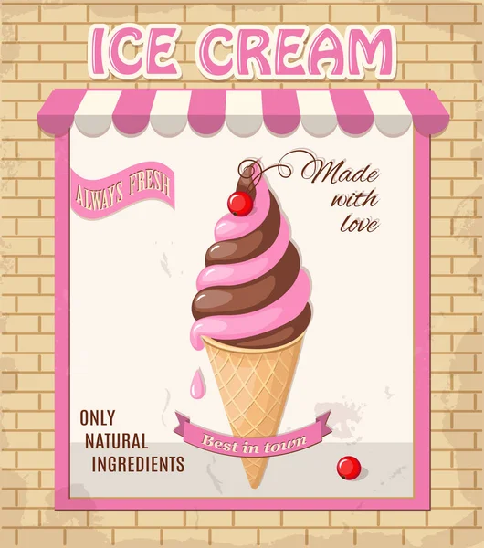 Helado de gofre de vainilla rosa en la tienda vintage — Vector de stock