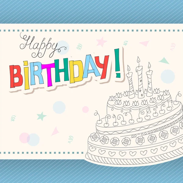 Tarjeta de cumpleaños de colores con el contorno de pastel de garabatos tres velas — Vector de stock