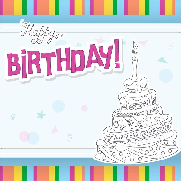 Tarjeta de cumpleaños con esquema de pastel de garabato — Vector de stock