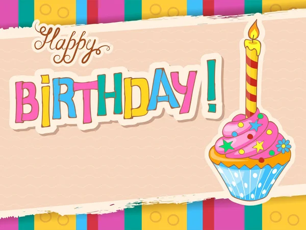 Tarjeta de cumpleaños colorida con cupcake de garabato festivo — Vector de stock