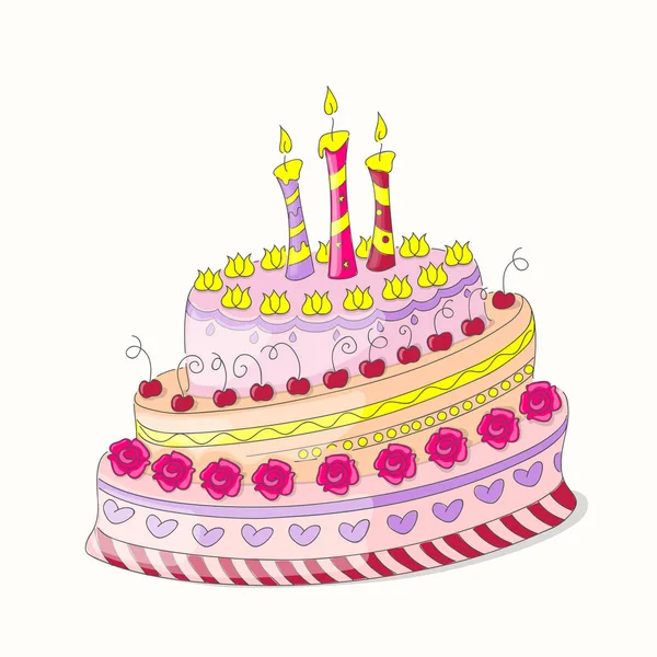 Doodle bunte Geburtstagstorte mit Rosen und drei Kerzen — Stockvektor