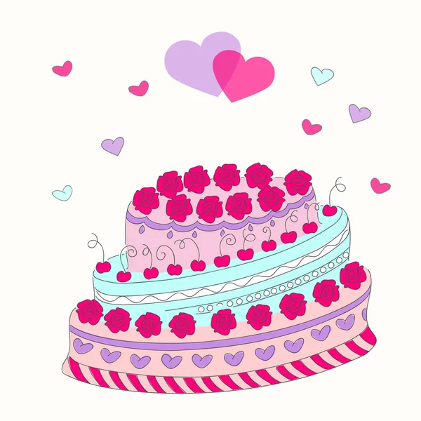 Colorful romantic doodle cake with roses and hearts — Stock Vector
