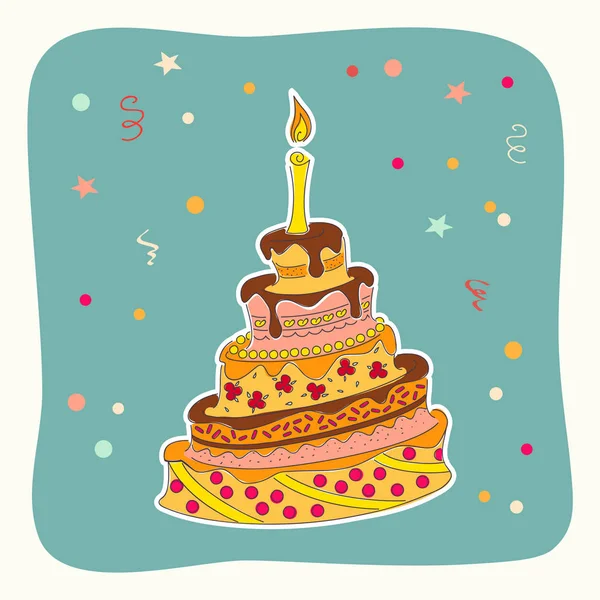 Cartão com doodle bolo de aniversário colorido — Vetor de Stock