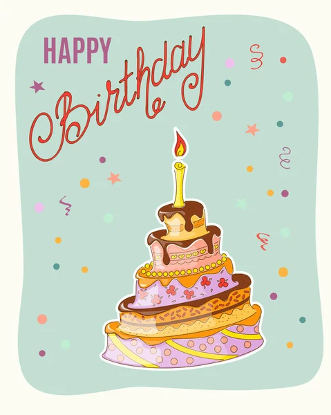 Färgglada födelsedagskort med doodle tårta på den festliga gröna — Stock vektor