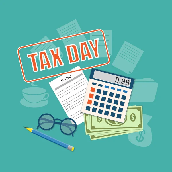 Податковий день з калькулятором, рахунком, доларами, олівцем та окулярами — стоковий вектор