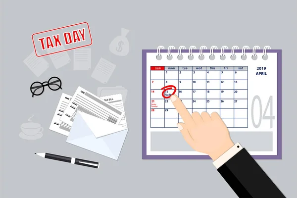2014 년 4 월 24 일에 확인 함 . tax day with April 2019 planner page, envelope, and showing fin — 스톡 벡터