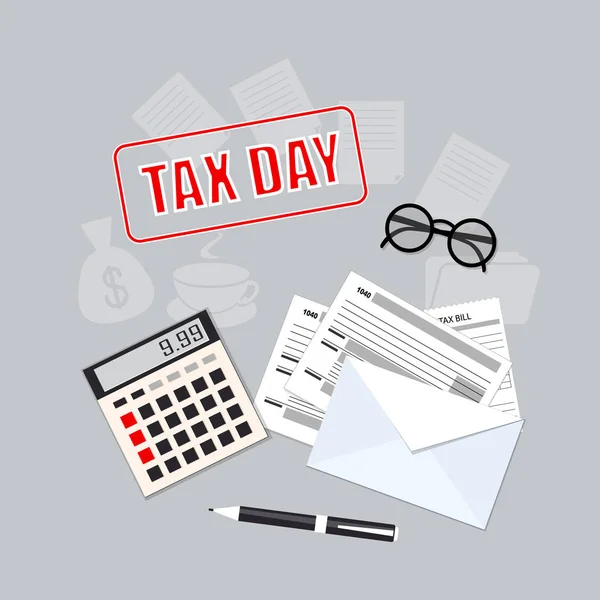 Податковий день з калькулятором, конвертом, ручкою і окулярами — стоковий вектор