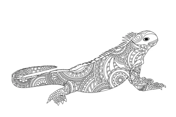 Black and white zen tangled patterned iguana  for adult coloring — Stock Vector