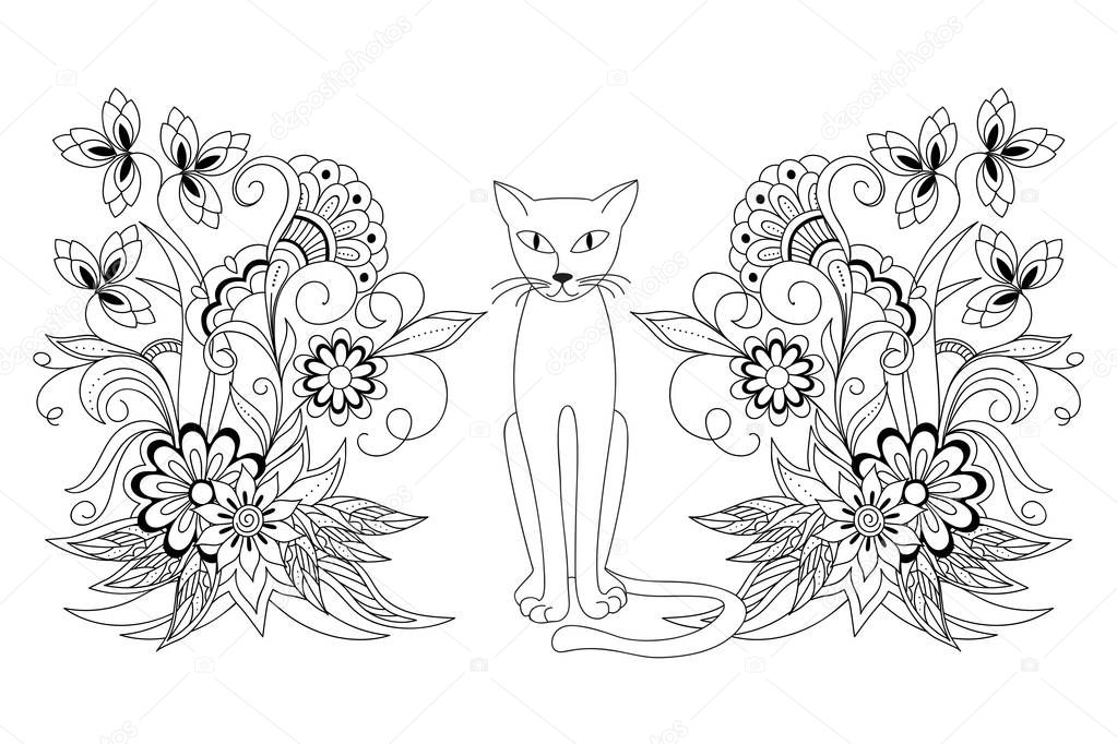 Coloring page with cartoon cat and hand drawn mehndi flowers for  adult antistress coloring book, album, wall mural, tattoo template. eps 10