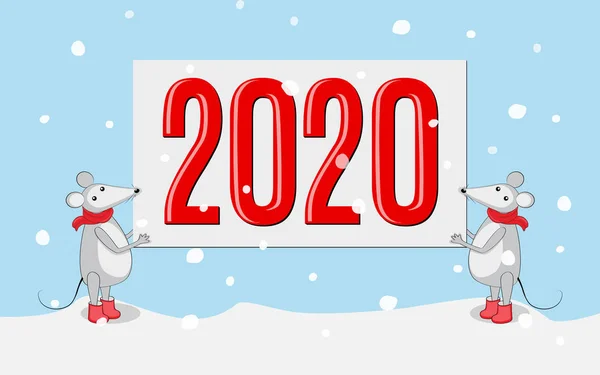 Nieuwjaarskaart 2020 Met Twee Cartoon Schattige Muizen Met Spandoek Met — Stockvector
