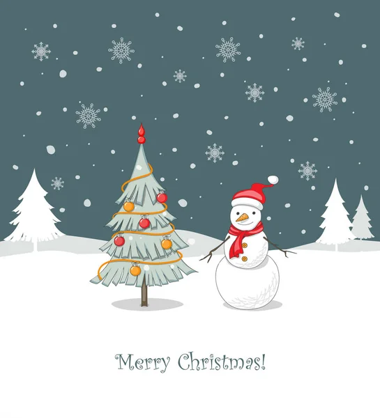 Greeting Card Cartoon Snowman Santa Hat Standing Decorated Fir Tree — Stock Vector
