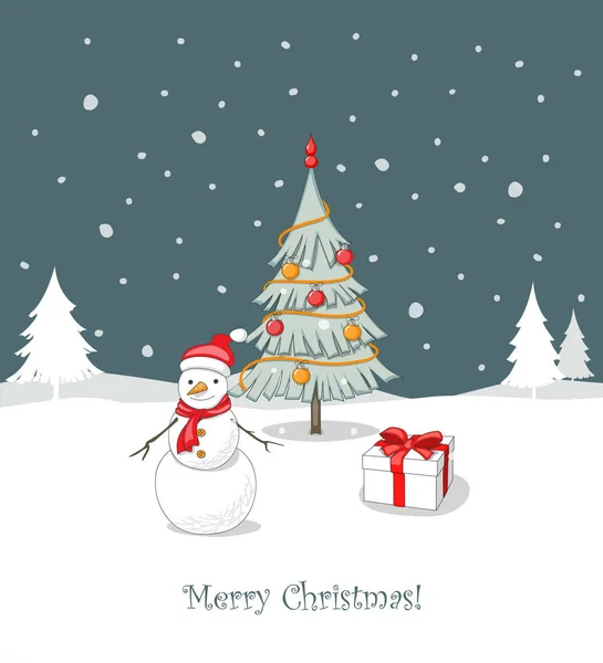 Greeting Card Cartoon Snowman Santa Hat Standing Decorated Fir Tree — Stock Vector