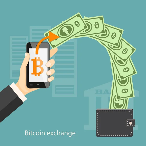 Bitcoin utbyte med dollar och plånbok — Stock vektor