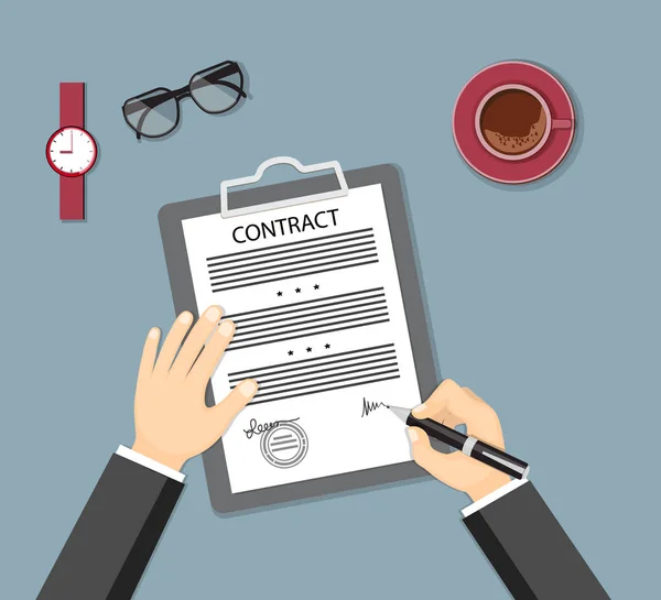 Underteckna kontrakt med glasögon, armbandsur och kaffe — Stock vektor
