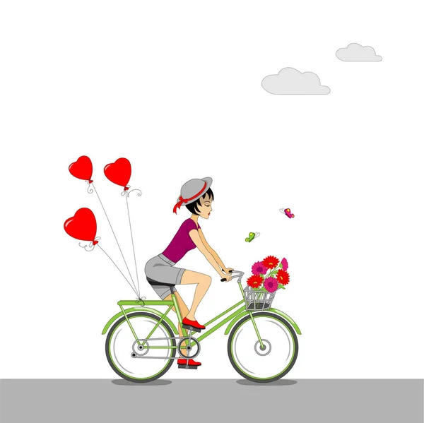 Cartoon Beauty Girl Hat Riding Bike Flowers Basket Red Heart — Stock Vector
