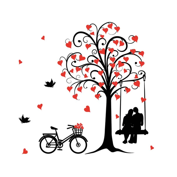 Par i kärlek svingande på gungbräda och cykel — Stock vektor