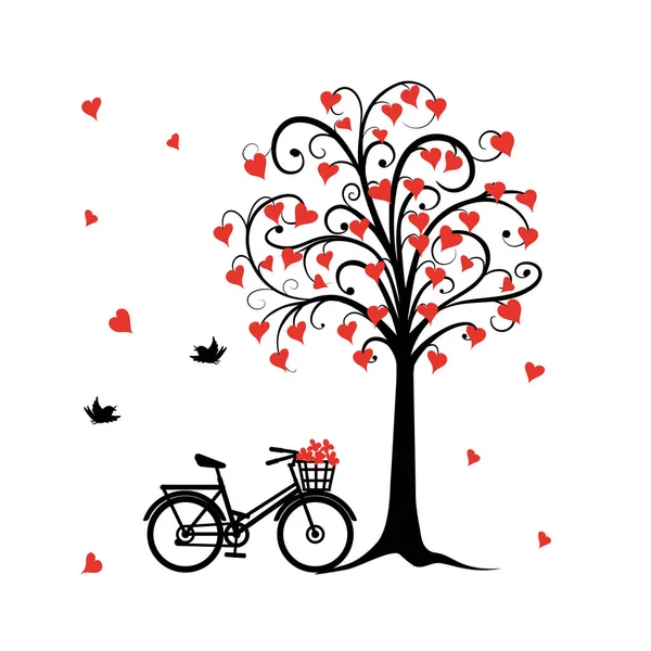 Bike under the tree with red hearts — Stock Vector